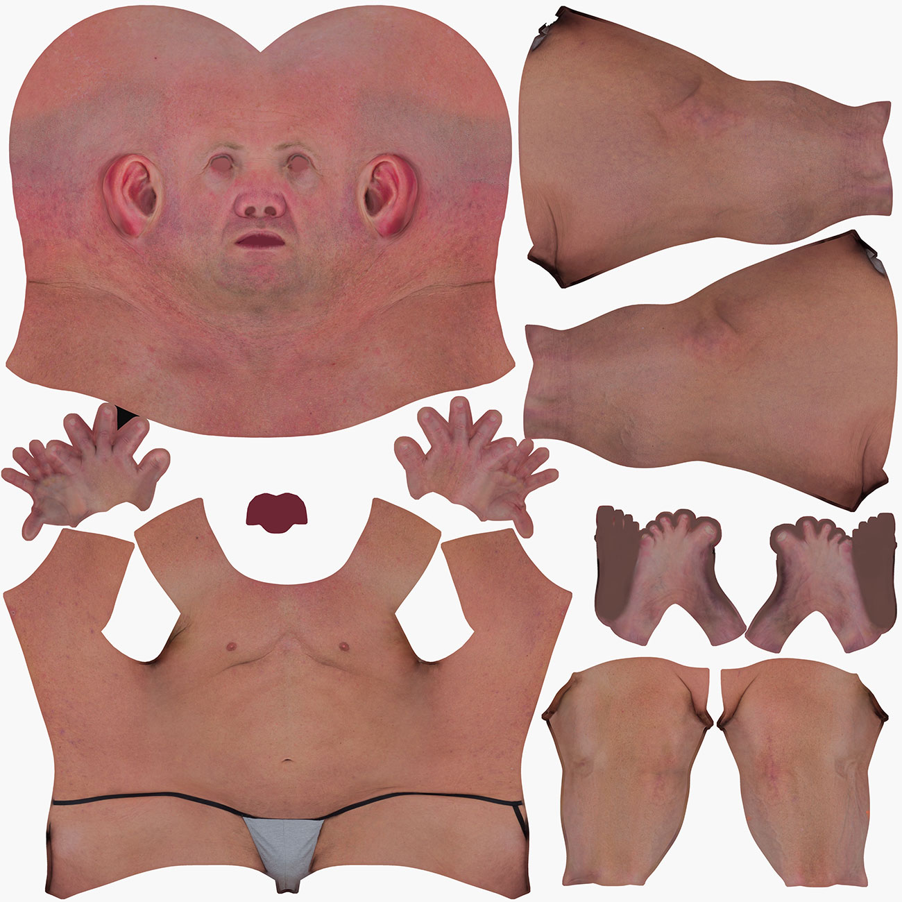 UV unwrap layout for a large muscular male 3D body scan, showing low-distortion texture coordinate mapping